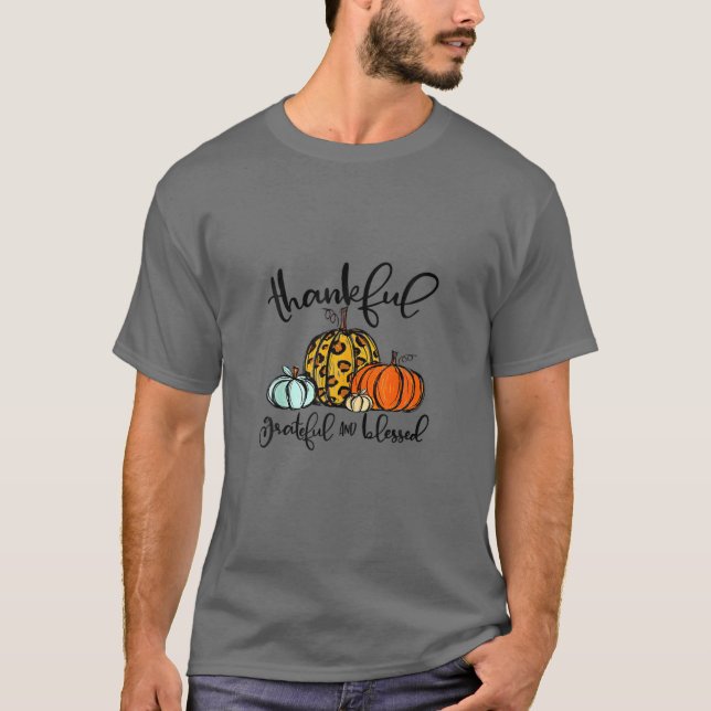 Thankful Grateful Blessed Pumpkin Leopard Plaid Th T-Shirt (Front)