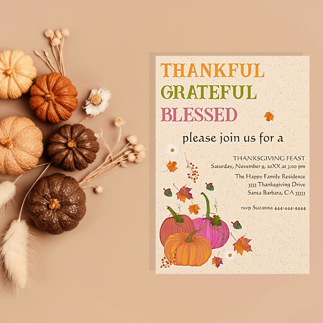 Thankful Grateful Blessed Pumpkins Fall Invitation (Thanksgiving dinner invitations pumpkins, thankful, grateful and blessed. Easy to personalize)