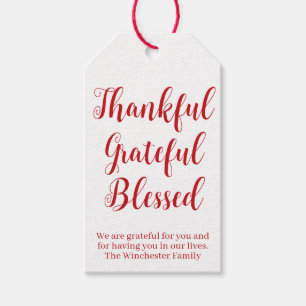 Thankful Grateful Blessed red script text holiday Gift Tags