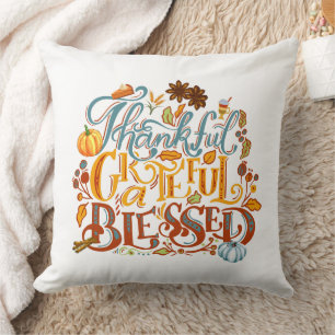 Thankful Grateful Blessed Retro Script  Cushion