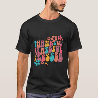 Thankful Grateful Blessed Retro Wavy Flowers Heart T-Shirt