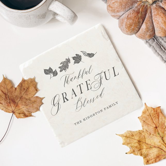 Thankful, Grateful, Blessed Script Fall Leaves Stone Coaster (Thankful, Grateful, Blessed Script Fall Leaves Stone Coaster)