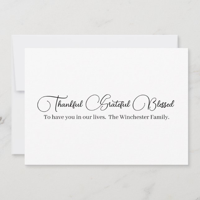 Thankful Grateful Blessed script Thanksgiving Holiday Card (Front)