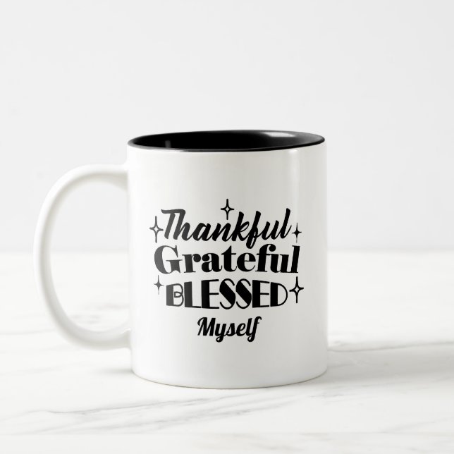 Thankful, Grateful, Blessed Sparkling Thanksgiving Two-Tone Coffee Mug (Left)