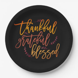 Thankful Grateful Blessed Thanksgiving Black Paper Plate