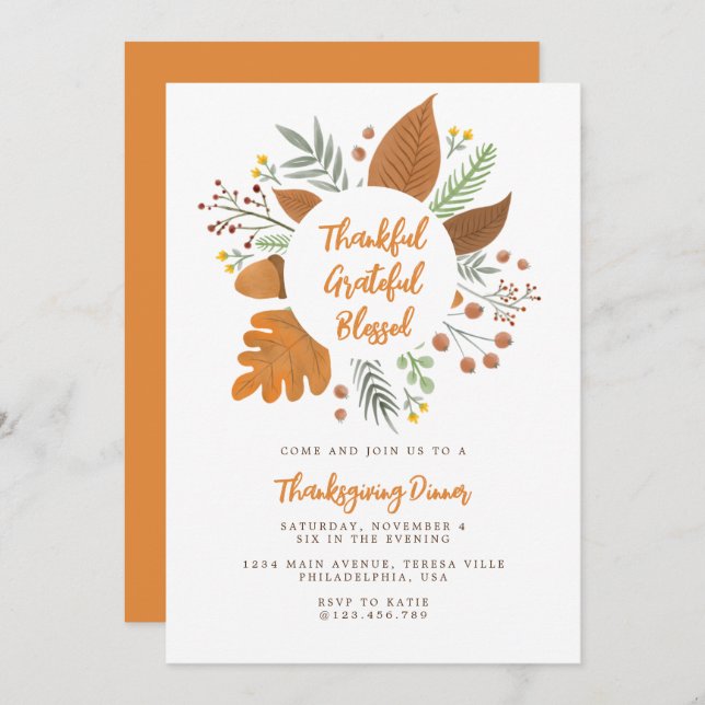 Thankful Grateful Blessed Thanksgiving Dinner Invitation (Front/Back)