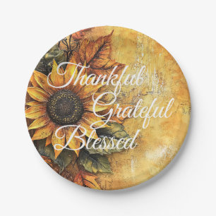 Thankful Grateful Blessed Thanksgiving Fall Autumn Paper Plate