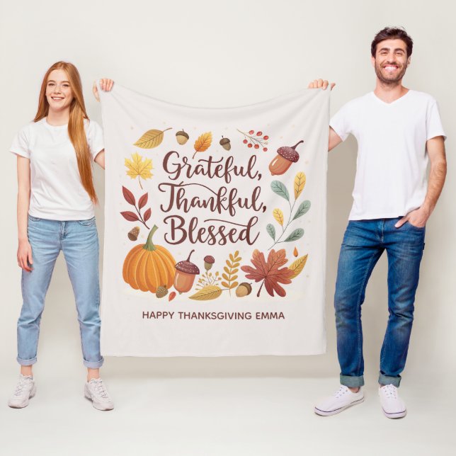 Thankful Grateful Blessed Thanksgiving Fall Fleece Blanket (In Situ)