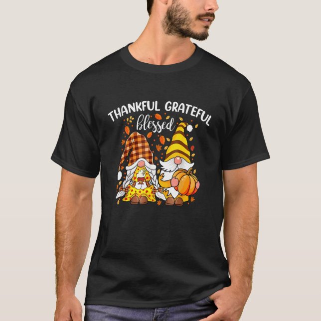 Thankful Grateful Blessed Thanksgiving Fall Gnomes T-Shirt (Front)