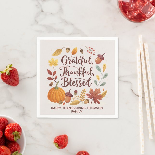 Thankful Grateful Blessed Thanksgiving Fall Napkin (Insitu)