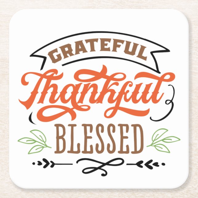 thankful grateful blessed thanksgiving holiday squ square paper coaster (Front)