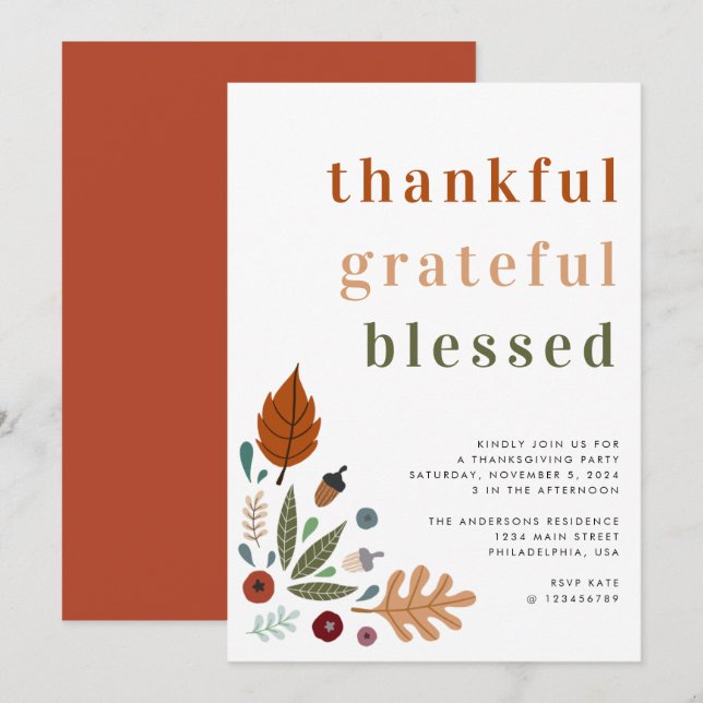 Thankful Grateful Blessed Thanksgiving Party Invitation (Front/Back)
