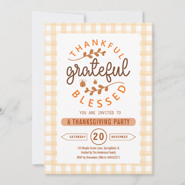Thankful Grateful Blessed Thanksgiving Party Invitation (Front)