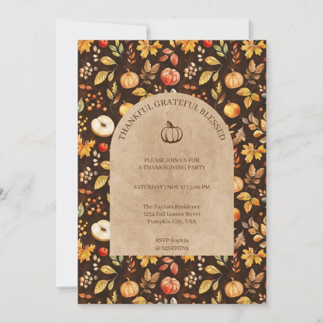 Thankful Grateful Blessed Thanksgiving Party Invitation (Front)
