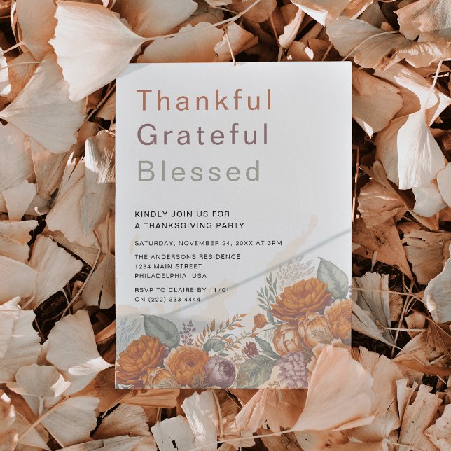 Thankful Grateful Blessed Thanksgiving Party Invitation (Rustic Fall Autumn Watercolor Floral Thankful Grateful Blessed Thanksgiving Party Dinner Invitation)