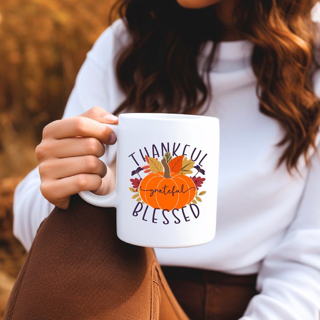 Thankful Grateful Blessed Thanksgiving Pumpkin Coffee Mug (Creator Uploaded)