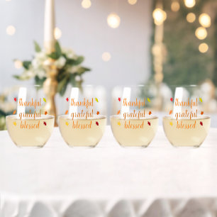 Thankful Grateful Blessed Thanksgiving Stemless Wine Glass