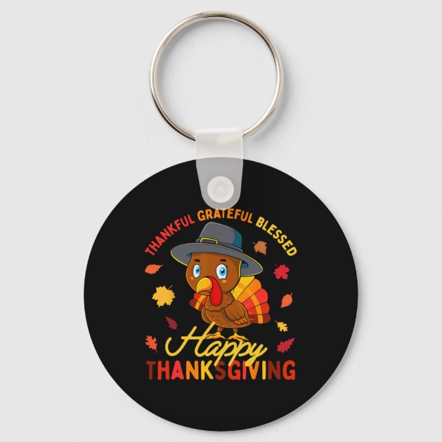 Thankful Grateful Blessed Thanksgiving Turkey Wome Key Ring (Front)