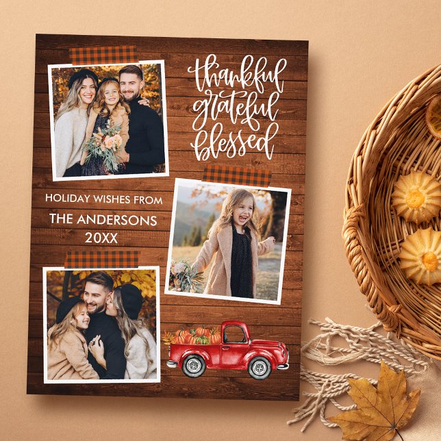 Thankful Grateful Blessed Truck Plaid Thanksgiving Postcard (Customize to change your personalized text size or text style.)