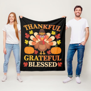 Thankful Grateful Blessed Turkey Thanksgiving Fleece Blanket