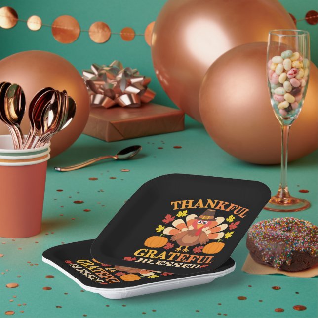 Thankful Grateful Blessed Turkey Thanksgiving Paper Plate (Multi)