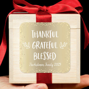 Thankful Grateful Blessed Typography Gold Holiday Square Sticker