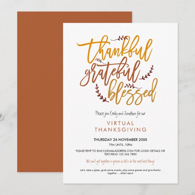 Thankful Grateful Blessed Virtual Thanksgiving Invitation (Front/Back)
