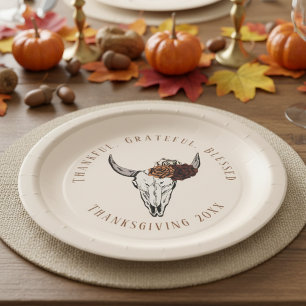 Thankful Grateful Blessed Western Thanksgiving Paper Plate