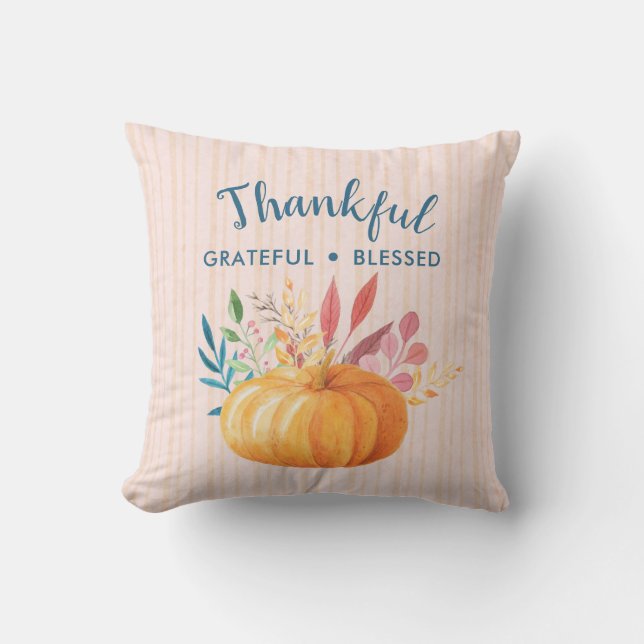 Thankful Grateful Blessed with Orange Pumpkin Cushion (Front)