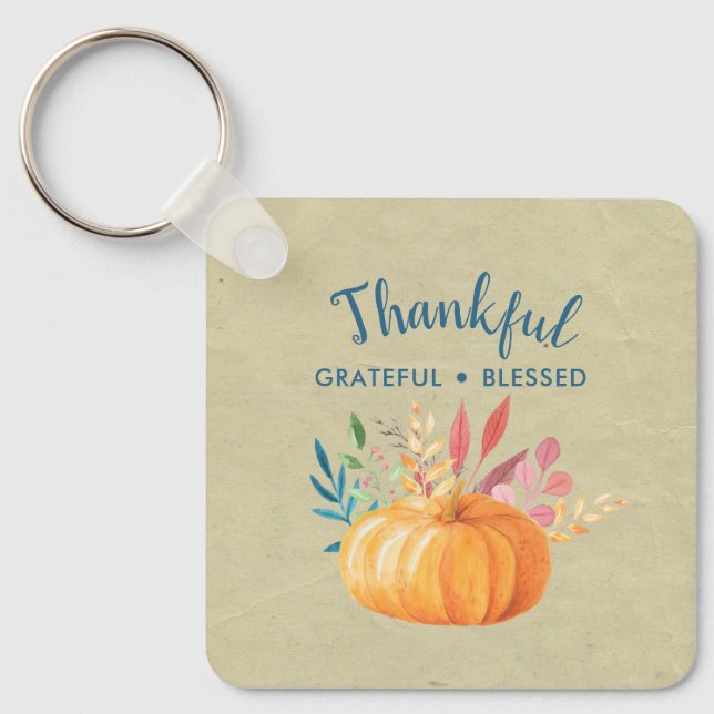 Thankful Grateful Blessed with Orange Pumpkin Key Ring (Front)