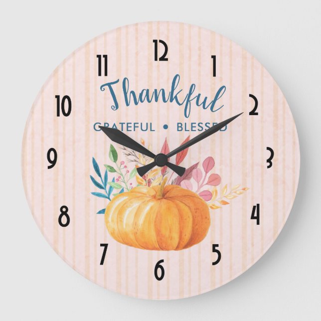 Thankful Grateful Blessed with Orange Pumpkin Large Clock (Front)