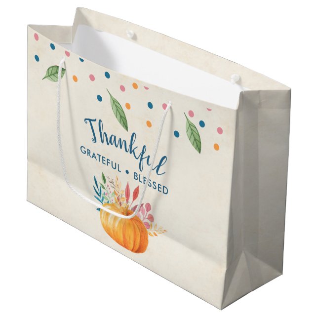 Thankful Grateful Blessed with Orange Pumpkin Large Gift Bag (Front Angled)