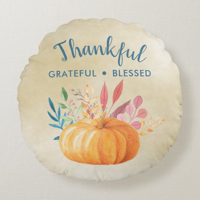 Thankful Grateful Blessed with Orange Pumpkin Round Cushion (Front)