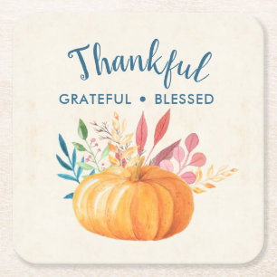 Thankful Grateful Blessed with Orange Pumpkin Square Paper Coaster
