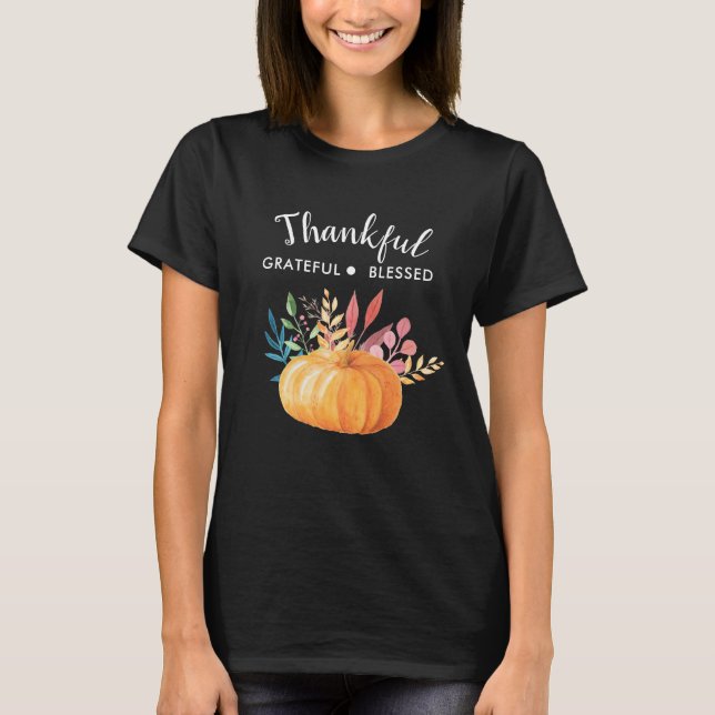 Thankful Grateful Blessed with Orange Pumpkin T-Shirt (Front)