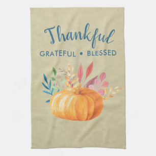 Thankful Grateful Blessed with Orange Pumpkin Tea Towel