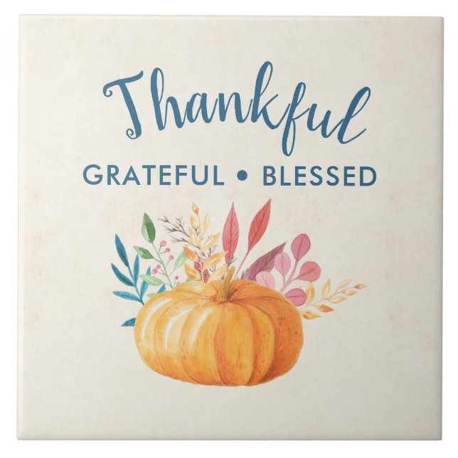 Thankful Grateful Blessed with Orange Pumpkin Tile (Front)