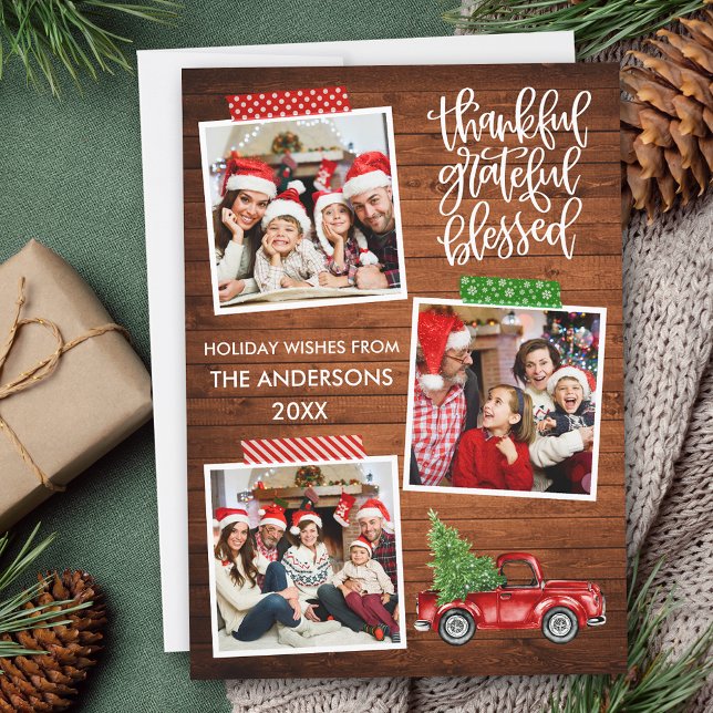 Thankful Grateful Blessed Wood Truck Tape Photo Holiday Card (Customize to add text to back of card.)