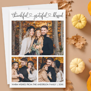Thankful Grateful Calligraphy Heart 3 Photo Holiday Card