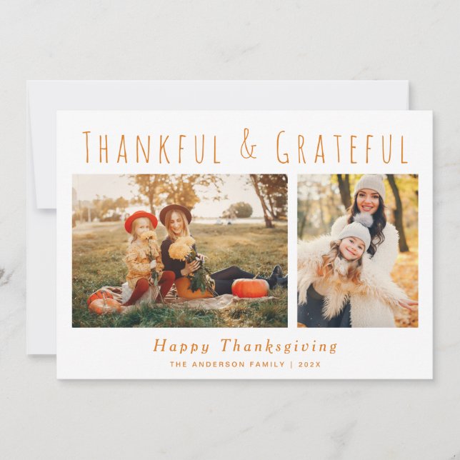 Thankful & Grateful Handwriting Thanksgiving Holiday Card (Front)