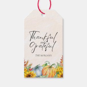 Thankful & Grateful Pumpkin Sunflower Custom Name Gift Tags