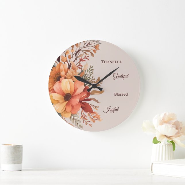 Thankful Grategul Blessed Floral Thanksgiving  Large Clock (Home)
