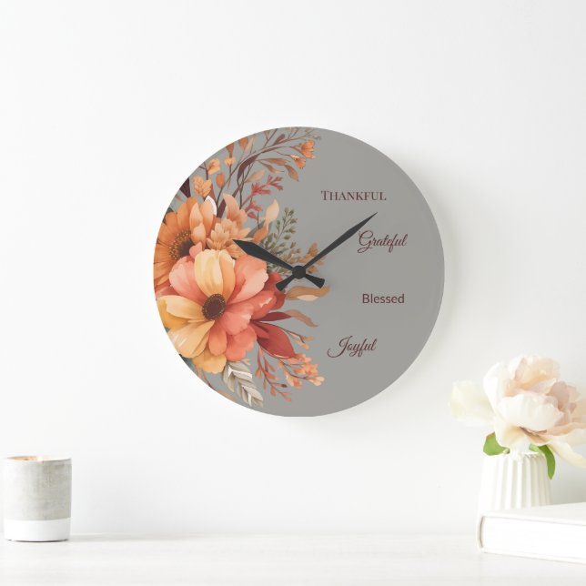 Thankful Grategul Blessed Floral Thanksgiving  Large Clock (Home)