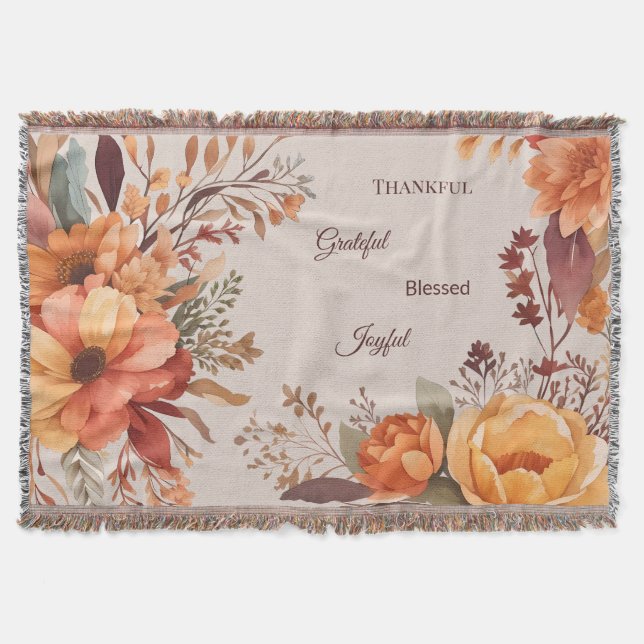 Thankful Grategul Blessed Floral Thanksgiving  Throw Blanket (Front)