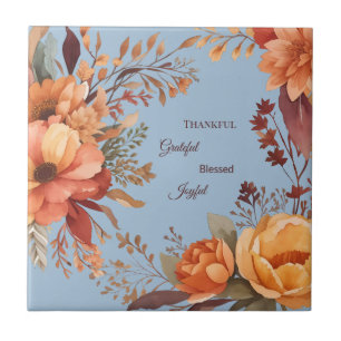 Thankful Grategul Blessed Floral Thanksgiving  Tile