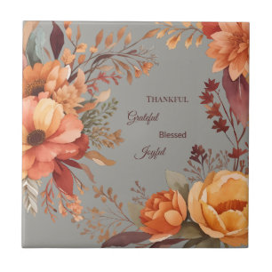 Thankful Grategul Blessed Floral Thanksgiving Tile