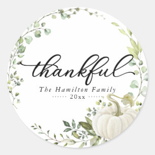 Thankful Greenery Eucalyptus Pumpkin Thanksgiving Classic Round Sticker