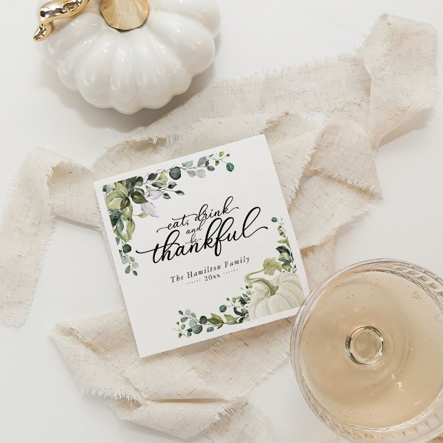 Thankful Greenery Pumpkin Thanksgiving Dinner Napkin (Creator Uploaded)