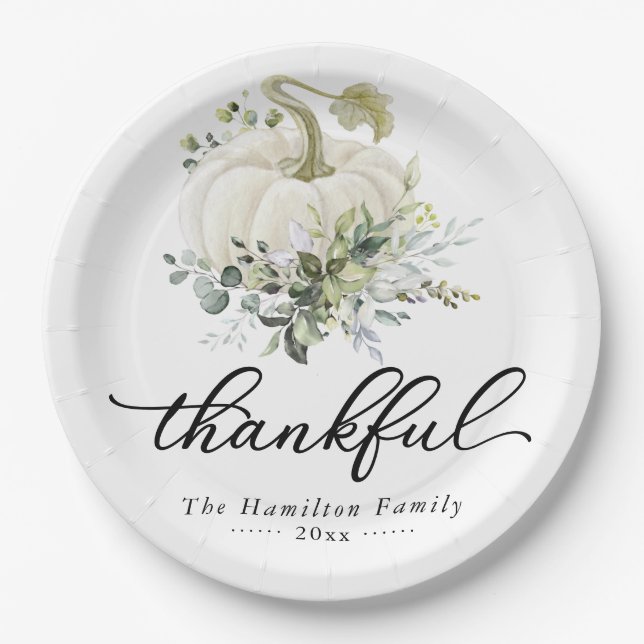 Thankful Greenery White Pumpkin Thanksgiving Paper Plate (Front)