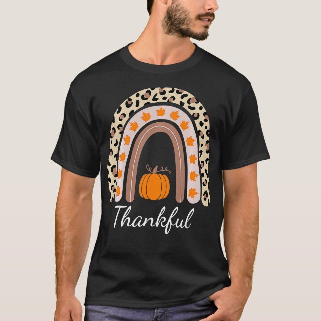 Thankful Leopard Rainbow Boho Thanksgiving  T-Shirt (Front)